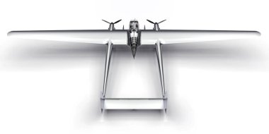İkinci Dünya Savaşı bombardıman uçağının üç boyutlu modeli. Parlak alüminyum gövdeli, iki kuyruklu ve geniş kanatlı. Turbopervane motoru. Beyaz arka planda parlak gri bir uçak. 3d illüstrasyon