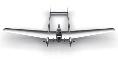 İkinci Dünya Savaşı bombardıman uçağının üç boyutlu modeli. Parlak alüminyum gövdeli, iki kuyruklu ve geniş kanatlı. Turbopervane motoru. Beyaz arka planda parlak gri bir uçak. 3d illüstrasyon