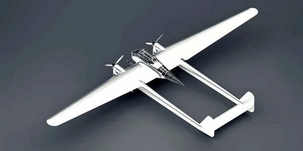 二战时期轰炸机的三维模型 有两个尾翼和宽翅膀的新铝躯体 涡轮螺旋桨发动机 一架灰色背景的新飞机 3D说明 — 图库照片