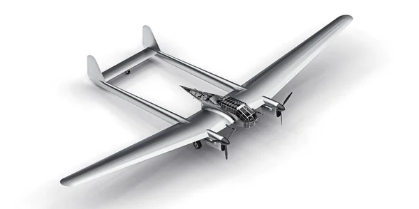 二战时期轰炸机的三维模型 有两个尾翼和宽翅膀的新铝躯体 涡轮螺旋桨发动机 白色背景上的灰蒙蒙的飞机3D说明 — 图库照片