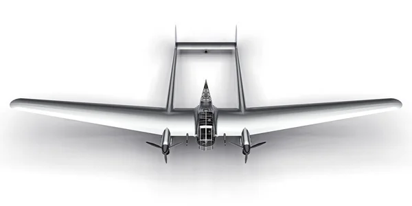 二战时期轰炸机的三维模型 有两个尾翼和宽翅膀的新铝躯体 涡轮螺旋桨发动机 白色背景上的灰蒙蒙的飞机3D说明 — 图库照片