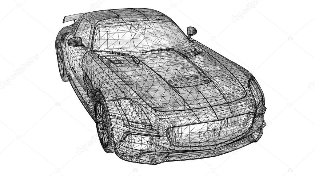 The model sports a premium coupe. Raster illustration in the form of a black polygonal triangular grid on a white background. 3d rendering