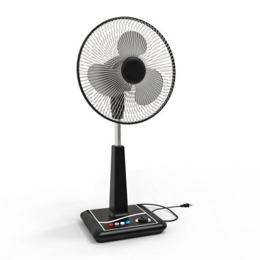 Siyah elektrikli vantilatör. Beyaz arka planda üç boyutlu bir model. Kürsüde kontrol düğmeleri olan vantilatör. Havalandırma için basit bir cihaz. 3d illüstrasyon