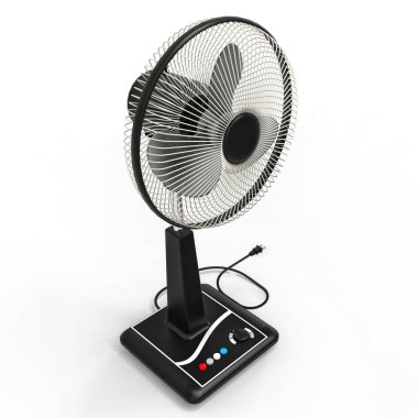 Siyah elektrikli vantilatör. Beyaz arka planda üç boyutlu bir model. Kürsüde kontrol düğmeleri olan vantilatör. Havalandırma için basit bir cihaz. 3d illüstrasyon