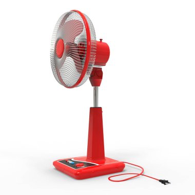 Kırmızı elektrikli fan. Beyaz arka planda üç boyutlu bir model. Kürsüde kontrol düğmeleri olan vantilatör. Havalandırma için basit bir cihaz. 3d illüstrasyon