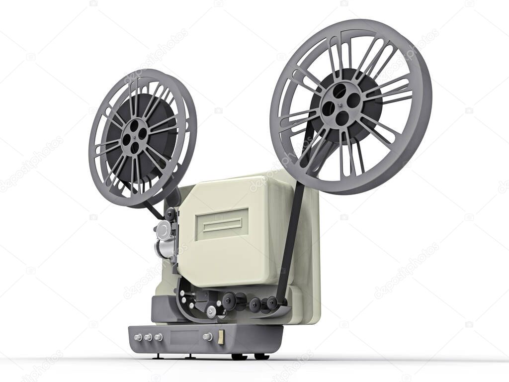 3d cinema film projector isolated on white background. 3d rendering