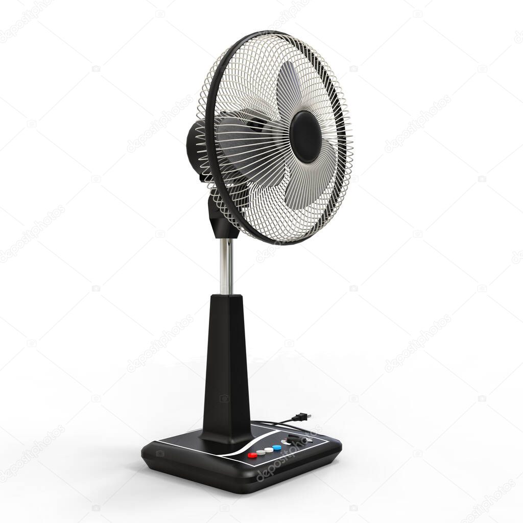 Black electric fan. Three-dimensional model on a white background. Fan with control buttons on the stand. A simple device for air ventilation. 3d illustration