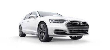 Tula, Rusya. 24 Şubat 2021: Audi A8 Quattro 2020 lüks araba beyaz arka planda izole edildi. 3d oluşturma