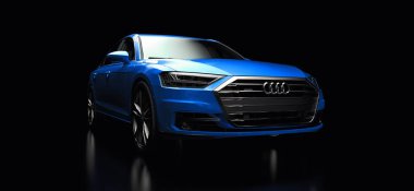 Tula, Rusya. 25 Şubat 2021: Audi A8 Quattro 2020 lüks araba siyah arka planda izole edildi. 3d oluşturma