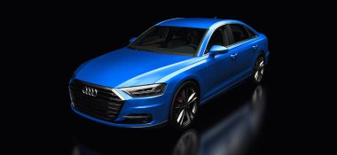 Tula, Rusya. 25 Şubat 2021: Audi A8 Quattro 2020 lüks araba siyah arka planda izole edildi. 3d oluşturma