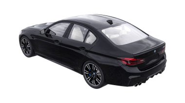 Tula, Rusya. 26 Şubat 2021: BMW M5 siyah lüks spor araba beyaz arka planda izole edildi. 3d oluşturma