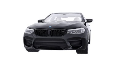 Tula, Rusya. 26 Şubat 2021: BMW M5 siyah lüks spor araba beyaz arka planda izole edildi. 3d oluşturma