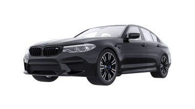 Tula, Rusya. 26 Şubat 2021: BMW M5 siyah lüks spor araba beyaz arka planda izole edildi. 3d oluşturma