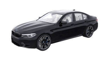 Tula, Rusya. 26 Şubat 2021: BMW M5 siyah lüks spor araba beyaz arka planda izole edildi. 3d oluşturma