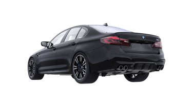 Tula, Rusya. 26 Şubat 2021: BMW M5 siyah lüks spor araba beyaz arka planda izole edildi. 3d oluşturma