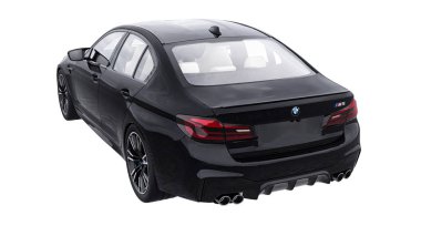 Tula, Rusya. 26 Şubat 2021: BMW M5 siyah lüks spor araba beyaz arka planda izole edildi. 3d oluşturma