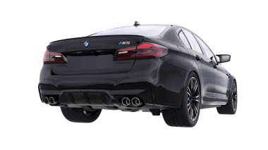 Tula, Rusya. 26 Şubat 2021: BMW M5 siyah lüks spor araba beyaz arka planda izole edildi. 3d oluşturma