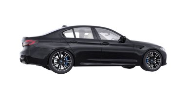 Tula, Rusya. 26 Şubat 2021: BMW M5 siyah lüks spor araba beyaz arka planda izole edildi. 3d oluşturma