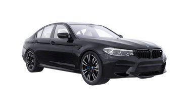 Tula, Rusya. 26 Şubat 2021: BMW M5 siyah lüks spor araba beyaz arka planda izole edildi. 3d oluşturma