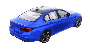 Tula, Rusya. 26 Şubat 2021: BMW M5 mavi lüks spor araba beyaz arka planda izole edildi. 3d oluşturma