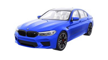Tula, Rusya. 26 Şubat 2021: BMW M5 mavi lüks spor araba beyaz arka planda izole edildi. 3d oluşturma