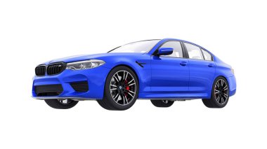 Tula, Rusya. 26 Şubat 2021: BMW M5 mavi lüks spor araba beyaz arka planda izole edildi. 3d oluşturma