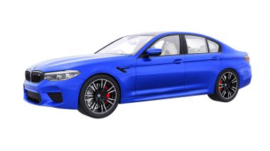 Tula, Rusya. 26 Şubat 2021: BMW M5 mavi lüks spor araba beyaz arka planda izole edildi. 3d oluşturma
