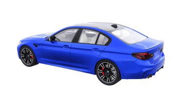 Tula, Rusya. 26 Şubat 2021: BMW M5 mavi lüks spor araba beyaz arka planda izole edildi. 3d oluşturma