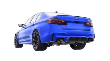 Tula, Rusya. 26 Şubat 2021: BMW M5 mavi lüks spor araba beyaz arka planda izole edildi. 3d oluşturma