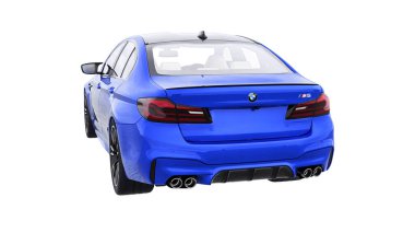 Tula, Rusya. 26 Şubat 2021: BMW M5 mavi lüks spor araba beyaz arka planda izole edildi. 3d oluşturma