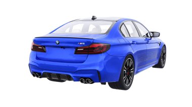 Tula, Rusya. 26 Şubat 2021: BMW M5 mavi lüks spor araba beyaz arka planda izole edildi. 3d oluşturma