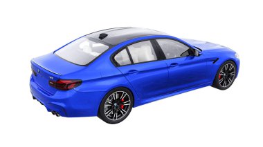Tula, Rusya. 26 Şubat 2021: BMW M5 mavi lüks spor araba beyaz arka planda izole edildi. 3d oluşturma