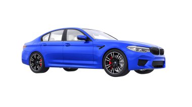 Tula, Rusya. 26 Şubat 2021: BMW M5 mavi lüks spor araba beyaz arka planda izole edildi. 3d oluşturma