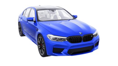 Tula, Rusya. 26 Şubat 2021: BMW M5 mavi lüks spor araba beyaz arka planda izole edildi. 3d oluşturma