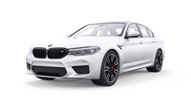Tula, Rusya. 26 Şubat 2021: BMW M5 beyaz lüks spor araba beyaz arka planda izole edildi. 3d oluşturma