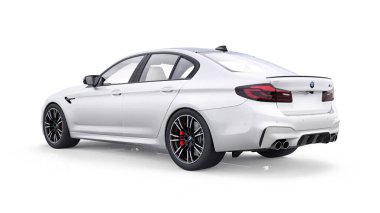 Tula, Rusya. 26 Şubat 2021: BMW M5 beyaz lüks spor araba beyaz arka planda izole edildi. 3d oluşturma