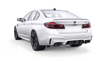 Tula, Rusya. 26 Şubat 2021: BMW M5 beyaz lüks spor araba beyaz arka planda izole edildi. 3d oluşturma