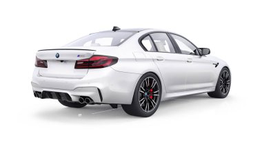 Tula, Rusya. 26 Şubat 2021: BMW M5 beyaz lüks spor araba beyaz arka planda izole edildi. 3d oluşturma