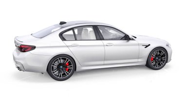 Tula, Rusya. 26 Şubat 2021: BMW M5 beyaz lüks spor araba beyaz arka planda izole edildi. 3d oluşturma