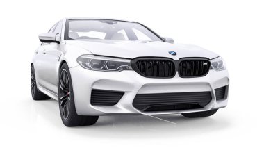 Tula, Rusya. 26 Şubat 2021: BMW M5 beyaz lüks spor araba beyaz arka planda izole edildi. 3d oluşturma