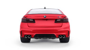 Tula, Rusya. 26 Şubat 2021: BMW M5 kırmızı lüks spor araba beyaz arka planda izole edildi. 3d oluşturma