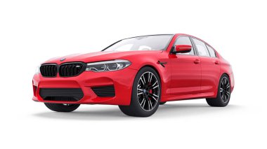 Tula, Rusya. 26 Şubat 2021: BMW M5 kırmızı lüks spor araba beyaz arka planda izole edildi. 3d oluşturma