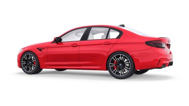 Tula, Rusya. 26 Şubat 2021: BMW M5 kırmızı lüks spor araba beyaz arka planda izole edildi. 3d oluşturma