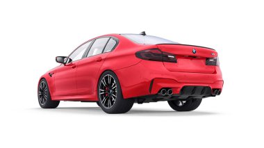 Tula, Rusya. 26 Şubat 2021: BMW M5 kırmızı lüks spor araba beyaz arka planda izole edildi. 3d oluşturma