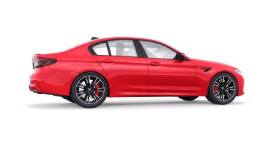 Tula, Rusya. 26 Şubat 2021: BMW M5 kırmızı lüks spor araba beyaz arka planda izole edildi. 3d oluşturma