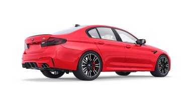 Tula, Rusya. 26 Şubat 2021: BMW M5 kırmızı lüks spor araba beyaz arka planda izole edildi. 3d oluşturma