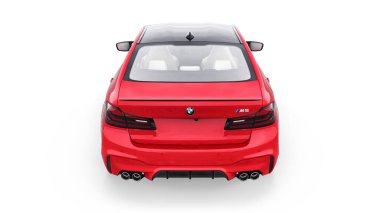 Tula, Rusya. 26 Şubat 2021: BMW M5 kırmızı lüks spor araba beyaz arka planda izole edildi. 3d oluşturma
