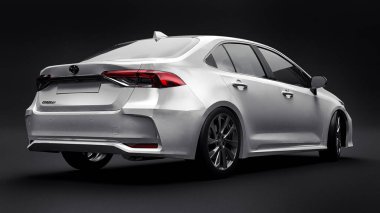Tula, Rusya. 28 Şubat 2021: Toyota Corolla Sedan 2020 kompakt beyaz araba siyah arka planda izole edildi. 3d oluşturma