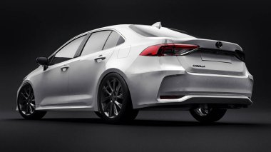 Tula, Rusya. 28 Şubat 2021: Toyota Corolla Sedan 2020 kompakt beyaz araba siyah arka planda izole edildi. 3d oluşturma