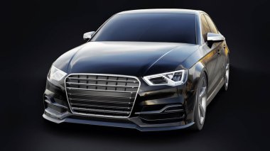 Siyah arka planda süper hızlı spor araba siyah metalik. Vücut biçimli sedan. Akort sıradan bir aile arabasının bir versiyonu. 3d oluşturma